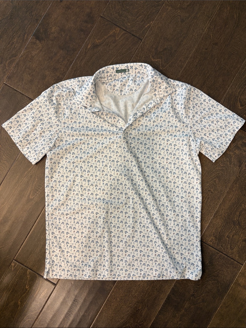 Kids White Golf Polo with Blue Micro Caddy Shack Print